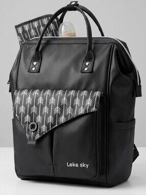 ​Lekebaby Lekesky Diaper Bag Backpack Black Arrow Print Wide Open Laptop Travel